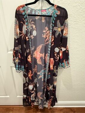 Sea Life Sheer Maxi Kimono Cardigan - Black with Coral & Teal Print